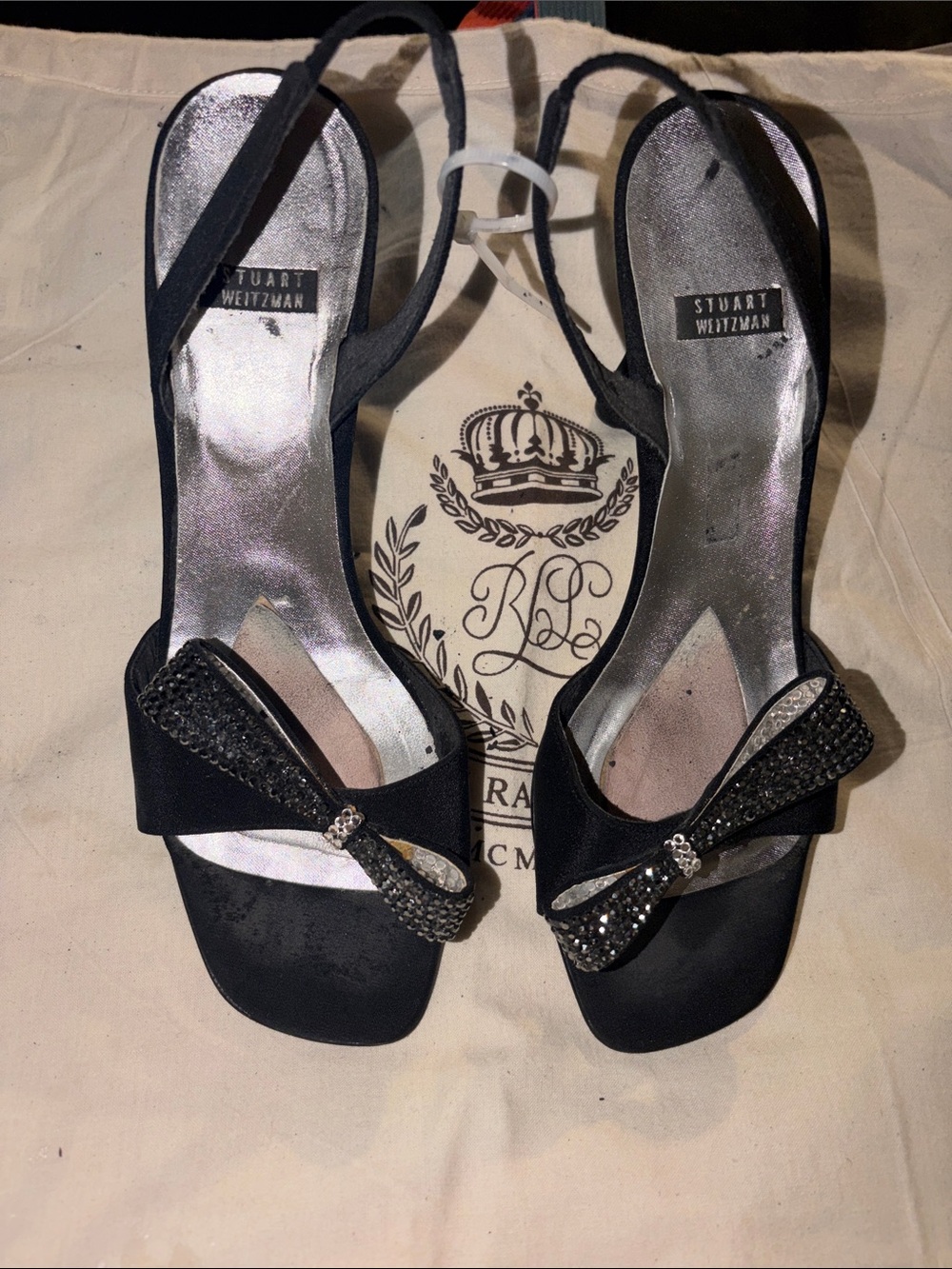 Stuart Weitzman bow diamond toe sparkle sling back 7 US sqaure toe rare pai $340